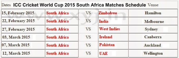South Africa Matches Schedule, World Cup 2015 South Africa Matches Schedule