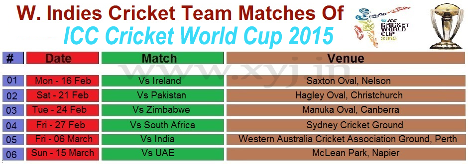 West Indies Matches Schedule, World Cup 2015 West Indies Matches Schedule
