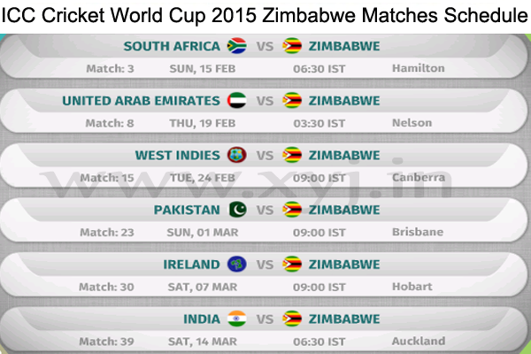 Zimbabwe Matches Schedule, World Cup  2015 Zimbabwe Matches Schedule