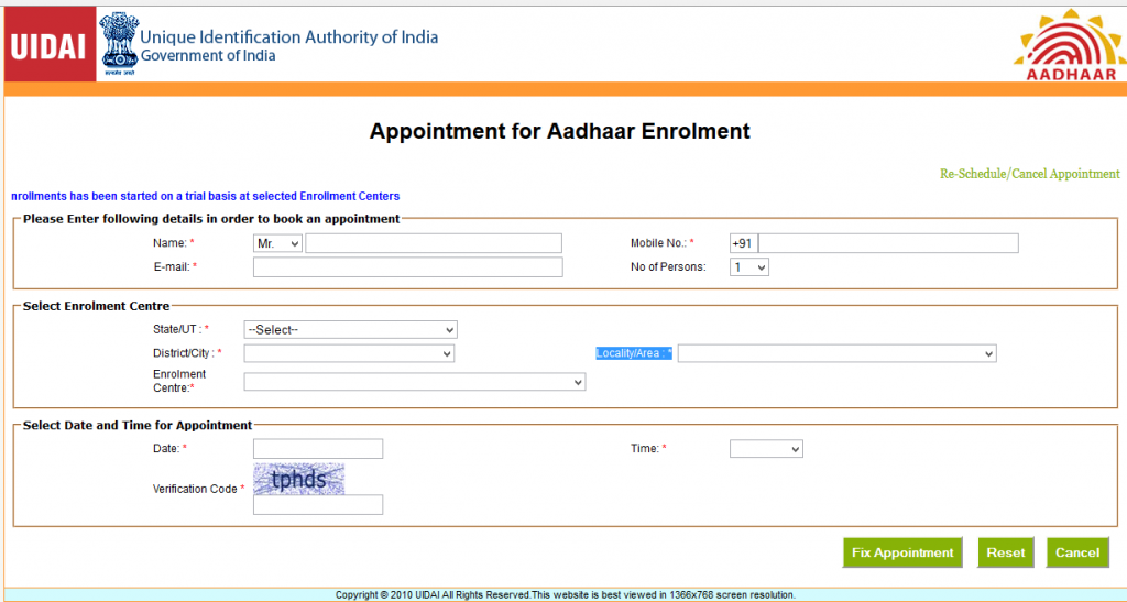 Aadhaar Enrollment Appointment Form