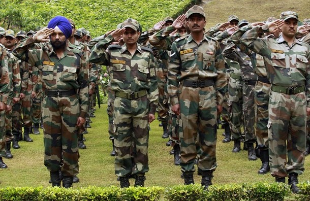 Indian army soldiers salute 