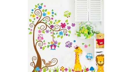 Golden Cart Wall Sticker Tree Encompassing Giraffe Lion Owl Squirel